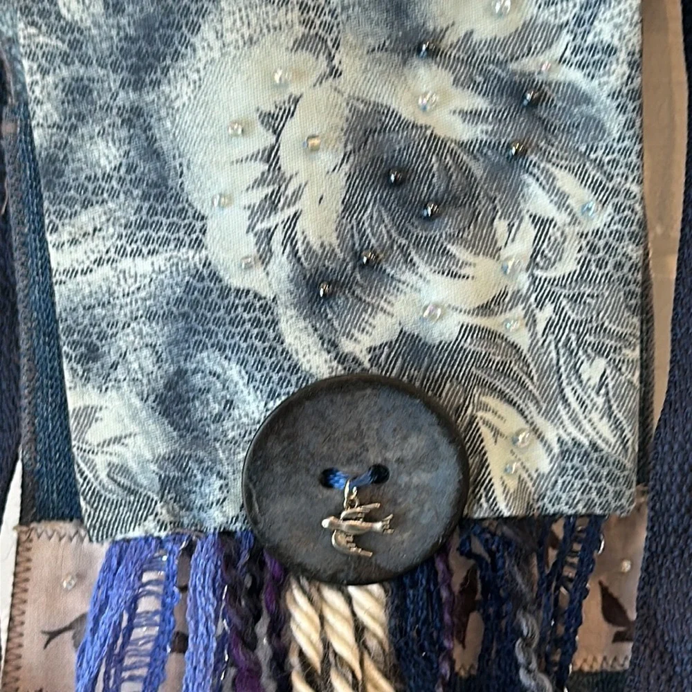 Cloth & Denim Blue Handmade Beaded Fringed  Positve Message Crossbody Bag